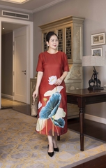 M COLLECTION | Váy Đầm Nữ Trung Niên Tặng Mẹ, Bà Vải Lụa Dày In Hoa 3D Tay Ngắn Cổ Tròn D13230LW01