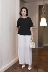 M COLLECTION | Áo Kiểu Nữ Trung Niên Tặng Mẹ Ren Lưới Thêu Hoa Lót Lụa Cổ Tròn Tay Ngắn A12702LW01