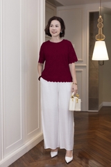 M COLLECTION | Áo Kiểu Nữ Trung Niên Tặng Mẹ Ren Lưới Thêu Hoa Lót Lụa Cổ Tròn Tay Ngắn A12702LW01