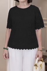 M COLLECTION | Áo Kiểu Nữ Trung Niên Tặng Mẹ Ren Lưới Thêu Hoa Lót Lụa Cổ Tròn Tay Ngắn A12702LW01