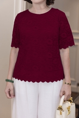 M COLLECTION | Áo Kiểu Nữ Trung Niên Tặng Mẹ Ren Lưới Thêu Hoa Lót Lụa Cổ Tròn Tay Ngắn A12702LW01