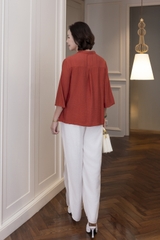 M COLLECTION | Áo Nữ Trung Niên Tặng Mẹ Cổ Trụ Lụa Hàn Cài Nút Tay Lỡ Thoáng Mát Thêu Hoa A13043LW01