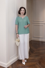 M COLLECTION | Áo Kiểu Nữ Trung Niên Tặng Mẹ Lụa Hàn Phối Ren Lưới Thêu Hoa Cài Nút Tay Ngắn A10955