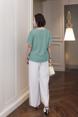 M COLLECTION | Áo Kiểu Nữ Trung Niên Tặng Mẹ Lụa Hàn Phối Ren Lưới Thêu Hoa Cài Nút Tay Ngắn A10955