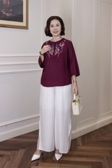M Collection | Áo Kiểu Trung Niên Tặng Mẹ Cổ Tròn Cài Nút Tay Lỡ Thêu Hoa Chất Vải Lụa Hàn A13107LW01