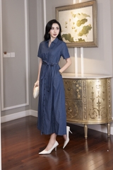 SWANLAKE | Váy Đầm Nữ Sơ Mi Suông Trơn Cài Nút Denim Jean Wash Tay Ngắn Dây Thắt Eo Công Sở D12990LW01