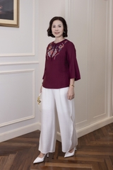 M Collection | Áo Kiểu Trung Niên Tặng Mẹ Cổ Tròn Cài Nút Tay Lỡ Thêu Hoa Chất Vải Lụa Hàn A13107LW01