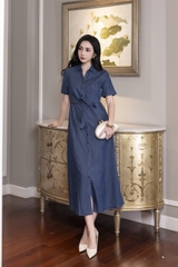 SWANLAKE | Váy Đầm Nữ Sơ Mi Suông Trơn Cài Nút Denim Jean Wash Tay Ngắn Dây Thắt Eo Công Sở D12990LW01