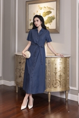 SWANLAKE | Váy Đầm Nữ Sơ Mi Suông Trơn Cài Nút Denim Jean Wash Tay Ngắn Dây Thắt Eo Công Sở D12990LW01