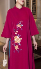 M COLLECTION | Áo Dài Tiệc Trung Niên Tặng Mẹ Mẫu Hương Phom Suông Cổ Trụ Lụa Dày Thêu Hoa L13069LW01