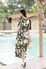 SWANLAKE | Váy Đầm Nữ Maxi Suông Vải Linen In Hoa Hè Cổ Thuyền Tay Ngắn Xẻ Tà Có Túi Du Lịch D12689