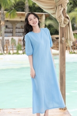 SWANLAKE | Váy Đầm Nữ Maxi Suông Trơn Xòe Cổ Tròn Vải Linen Du Lịch Biển Hè Tay Bí Lỡ Có Túi D12738LW01