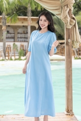 SWANLAKE | Váy Đầm Nữ Maxi Suông Trơn Xòe Cổ Tròn Vải Linen Du Lịch Biển Hè Tay Bí Lỡ Có Túi D12738LW01