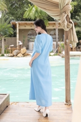 SWANLAKE | Váy Đầm Nữ Maxi Suông Trơn Xòe Cổ Tròn Vải Linen Du Lịch Biển Hè Tay Bí Lỡ Có Túi D12738LW01