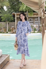 SWANLAKE | Váy Đầm Nữ Midi Suông Lai Bèo Đuôi Cá Tơ Cổ Trụ Cài Nút Du Lịch Biển Hè Tay Dài D12037LW02