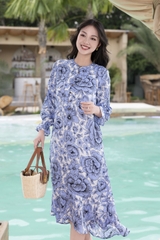 SWANLAKE | Váy Đầm Nữ Midi Suông Lai Bèo Đuôi Cá Tơ Cổ Trụ Cài Nút Du Lịch Biển Hè Tay Dài D12037LW02