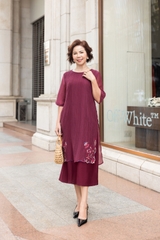 M Collection | Váy Đầm Trung Niên Tặng Mẹ Phom A Hai Lớp Cổ Tròn Tay Lỡ Chất Liệu Xốp Hàn Thêu Hoạ Tiết - D12311LW01