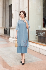 M Collection | Váy Đầm Trung Niên Tặng Mẹ Phom A Hai Lớp Cổ Tròn Tay Lỡ Chất Liệu Xốp Hàn Thêu Hoạ Tiết - D12311LW01