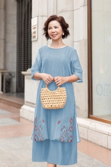 M Collection | Váy Đầm Trung Niên Tặng Mẹ Phom A Hai Lớp Cổ Tròn Tay Lỡ Chất Liệu Xốp Hàn Thêu Hoạ Tiết - D12311LW01