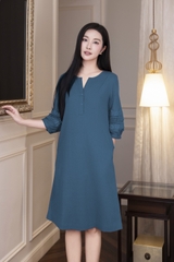 SWANLAKE | Váy Đầm Nữ Suông Cổ Trụ Cài Nút Vải Linen Tay Lỡ Phồng Thêu Hoa Phối Lưới Công Sở D12815LW01