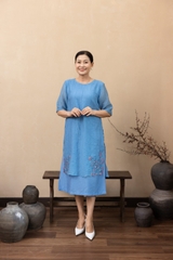 M Collection | Váy Đầm Trung Niên Tặng Mẹ Phom A Hai Lớp Cổ Tròn Tay Lỡ Chất Liệu Xốp Hàn Thêu Hoạ Tiết - D12311LW01