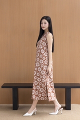 Váy Đầm Nữ Maxi Suông Sát Nách Xẻ Tà Linen Bông In Hoa Hè Cổ Tròn Có Túi Du Lịch D12380