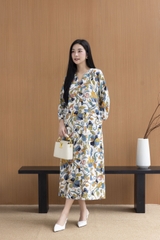 SWANLAKE | Váy Đầm Nữ Maxi Suông Cổ Trụ Nhún Vai Linen In Hoa Hè Tay Bí Dài Có Túi Du Lịch D12635LW01