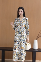 SWANLAKE | Váy Đầm Nữ Maxi Suông Cổ Trụ Nhún Vai Linen In Hoa Hè Tay Bí Dài Có Túi Du Lịch D12635LW01