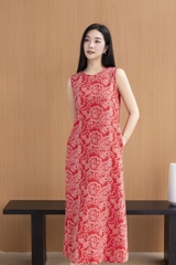 Váy Đầm Nữ Maxi Suông Sát Nách Xẻ Tà Linen Bông In Hoa Hè Cổ Tròn Có Túi Du Lịch D12380