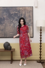 SWANLAKE | Váy Đầm Nữ Maxi Suông Vải Tơ In Hoa Cổ Tròn Tay Bí Phồng Chiết Eo Đi Tiệc Công Sở D13245LW01