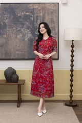 SWANLAKE | Váy Đầm Nữ Maxi Suông Vải Tơ In Hoa Cổ Tròn Tay Bí Phồng Chiết Eo Đi Tiệc Công Sở D13245LW01