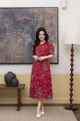 SWANLAKE | Váy Đầm Nữ Maxi Suông Vải Tơ In Hoa Cổ Tròn Tay Bí Phồng Chiết Eo Đi Tiệc Công Sở D13245LW01