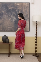 SWANLAKE | Váy Đầm Nữ Maxi Suông Vải Tơ In Hoa Cổ Tròn Tay Bí Phồng Chiết Eo Đi Tiệc Công Sở D13245LW01