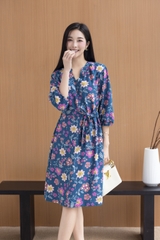 SWANLAKE | Váy Đầm Nữ Suông Dây Thắt Eo Cổ Trụ Đính Nút Vải Linen In Hoa Hè Tay Bí Lỡ Có Túi D12671LW02