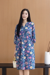 SWANLAKE | Váy Đầm Nữ Suông Dây Thắt Eo Cổ Trụ Đính Nút Vải Linen In Hoa Hè Tay Bí Lỡ Có Túi D12671LW02