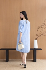 SWANLAKE | Váy Đầm Nữ Suông Cổ Tròn Vải Linen Thêu Hoa Viền Thun Tay Bí Lỡ Có Túi Công Sở D12575LW01