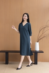 Váy Đầm Nữ Midi Suông Trơn Xẻ Tà Linen Cổ Tim Tay Nẹp Lỡ Có Túi Đính Nút Công Sở D11248LW03