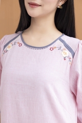 SWANLAKE | Váy Đầm Nữ Suông Cổ Tròn Vải Linen Thêu Hoa Viền Thun Tay Bí Lỡ Có Túi Công Sở D12575LW01