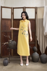 SWANLAKE | Váy Đầm Nữ Maxi Suông Sát Nách Cổ Sơ Mi Vải Linen Thêu Hoa Cao Cấp Đi Tiệc D13272LW01