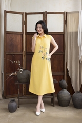 SWANLAKE | Váy Đầm Nữ Maxi Suông Sát Nách Cổ Sơ Mi Vải Linen Thêu Hoa Cao Cấp Đi Tiệc D13272LW01