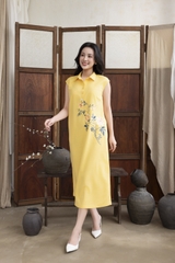 SWANLAKE | Váy Đầm Nữ Maxi Suông Sát Nách Cổ Sơ Mi Vải Linen Thêu Hoa Cao Cấp Đi Tiệc D13272LW01