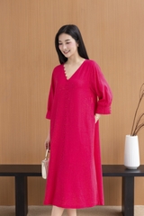Váy Đầm Nữ Midi Suông Trơn Xẻ Tà Linen Cổ Tim Tay Nẹp Lỡ Có Túi Đính Nút Công Sở D11248LW03