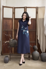 SWANLAKE | Váy Đầm Nữ Maxi Suông Sát Nách Cổ Sơ Mi Vải Linen Thêu Hoa Cao Cấp Đi Tiệc D13272LW01