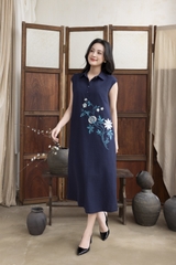 SWANLAKE | Váy Đầm Nữ Maxi Suông Sát Nách Cổ Sơ Mi Vải Linen Thêu Hoa Cao Cấp Đi Tiệc D13272LW01
