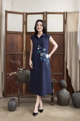 SWANLAKE | Váy Đầm Nữ Maxi Suông Sát Nách Cổ Sơ Mi Vải Linen Thêu Hoa Cao Cấp Đi Tiệc D13272LW01