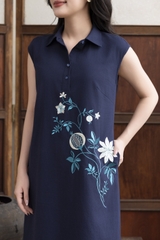 SWANLAKE | Váy Đầm Nữ Maxi Suông Sát Nách Cổ Sơ Mi Vải Linen Thêu Hoa Cao Cấp Đi Tiệc D13272LW01