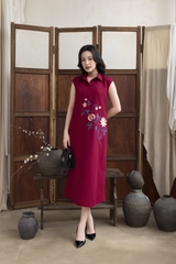 SWANLAKE | Váy Đầm Nữ Maxi Suông Sát Nách Cổ Sơ Mi Vải Linen Thêu Hoa Cao Cấp Đi Tiệc D13272LW01