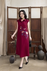 SWANLAKE | Váy Đầm Nữ Maxi Suông Sát Nách Cổ Sơ Mi Vải Linen Thêu Hoa Cao Cấp Đi Tiệc D13272LW01