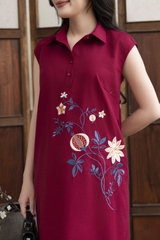 SWANLAKE | Váy Đầm Nữ Maxi Suông Sát Nách Cổ Sơ Mi Vải Linen Thêu Hoa Cao Cấp Đi Tiệc D13272LW01