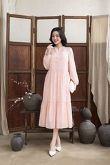 SWANLAKE | Váy Đầm Maxi Nữ Hai Lớp Rời Cổ Trụ Tay Dài Cài Nút Chất Tơ In Lót Lụa Hàn Đi Tiệc D12073LW10